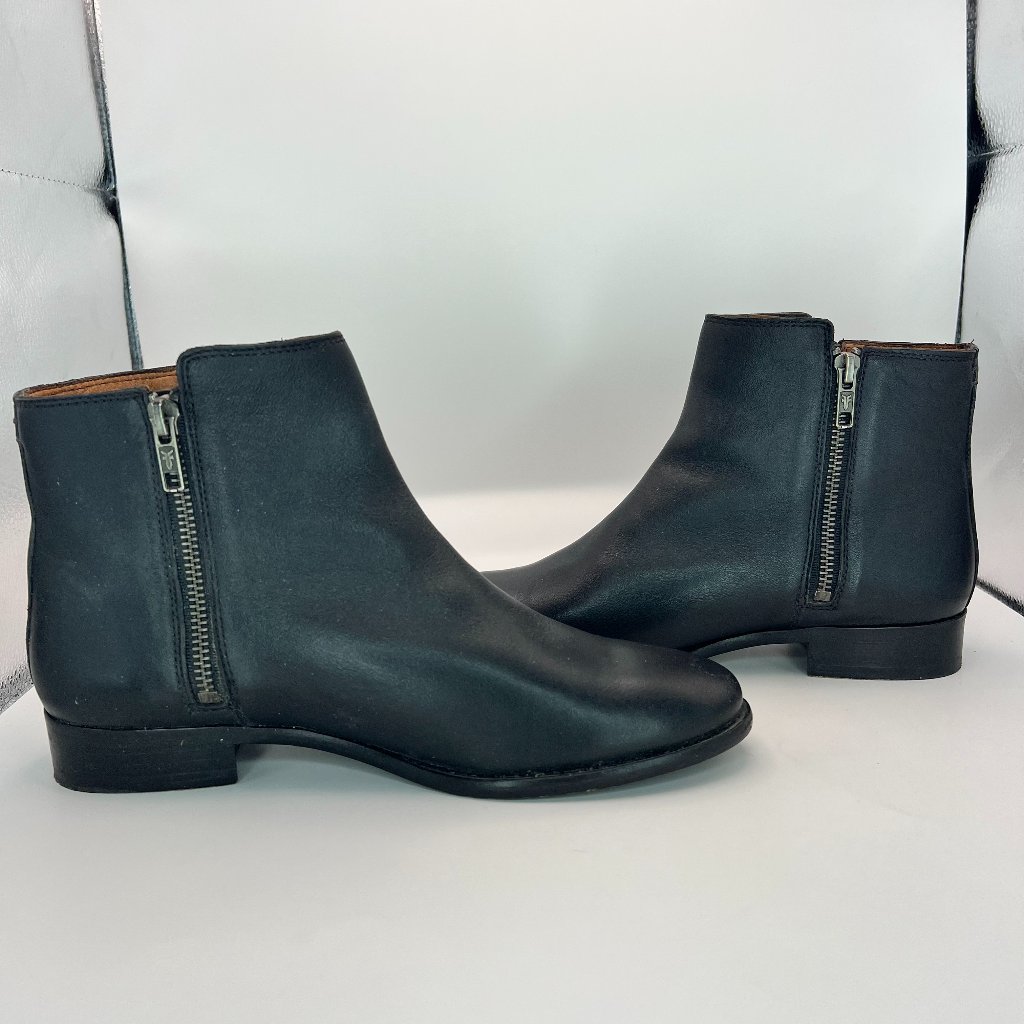 Frye Carly Double Zip Black Leather Ankle Boots Size 8.5b